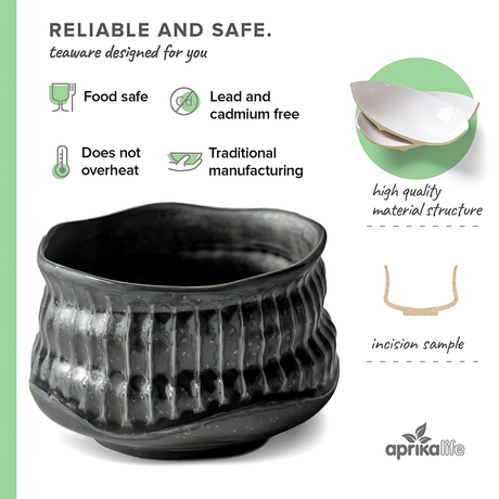 Discover the elegance of Minoyaki Pottery with our Black Ceramic Meisen Matcha Bowl. Crafted from food-safe, lead-free materials, it's durable and stylish. Perfectly pairs with a bamboo matcha whisk for an authentic tea ceremony experience.