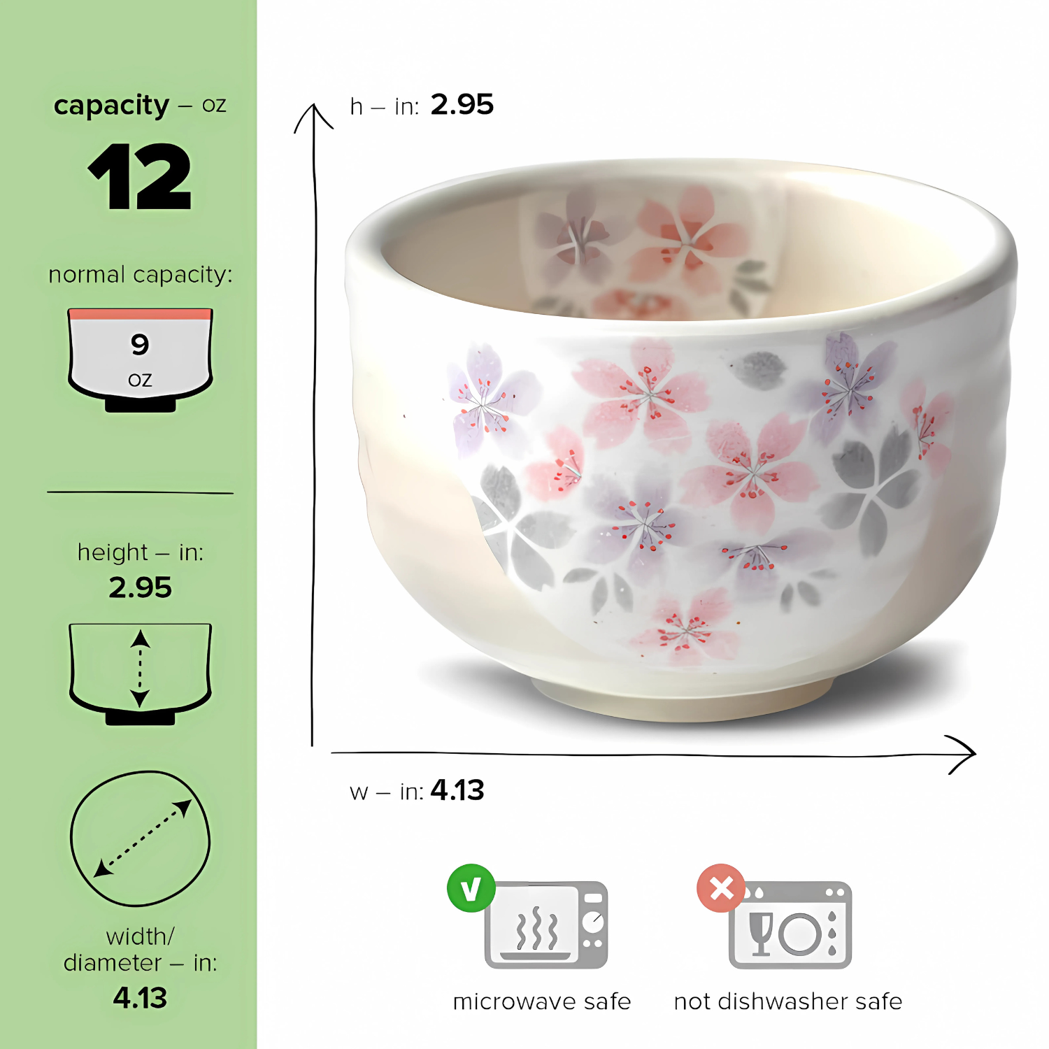 The Kohiki Pink Sakura Ceramic Matcha Bowl, adorned with a pink floral design, holds 12 oz. It's perfect for traditional matcha tea ceremonies and is microwave safe but not dishwasher safe. Pair it with a bamboo whisk for an authentic experience. Dimensions are included.
