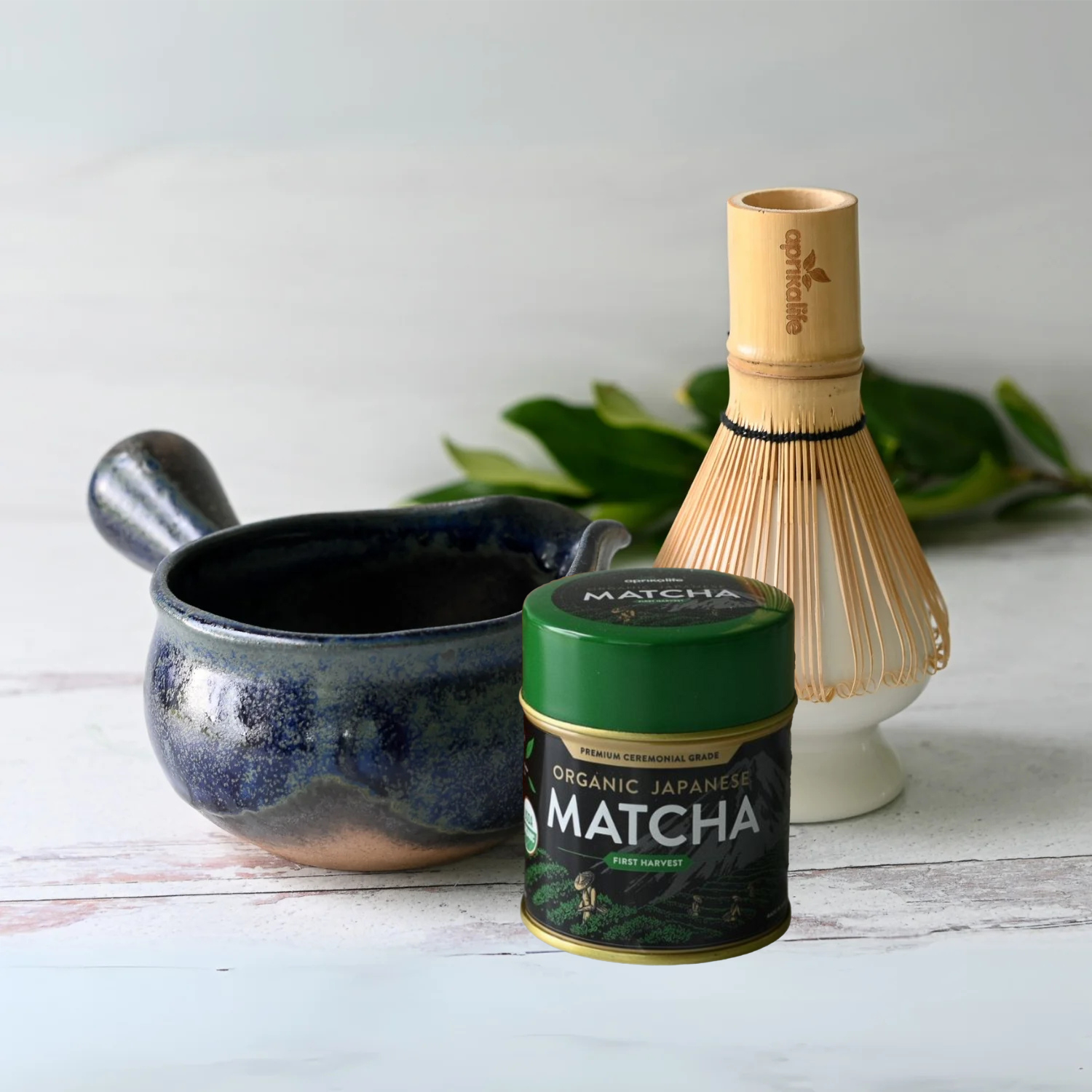 Blue Spouted Ceramic Matcha Bowl, Bamboo Matcha Whisk, Whisk Holder and Organic Japanese Matcha Set - Thumbnail 3