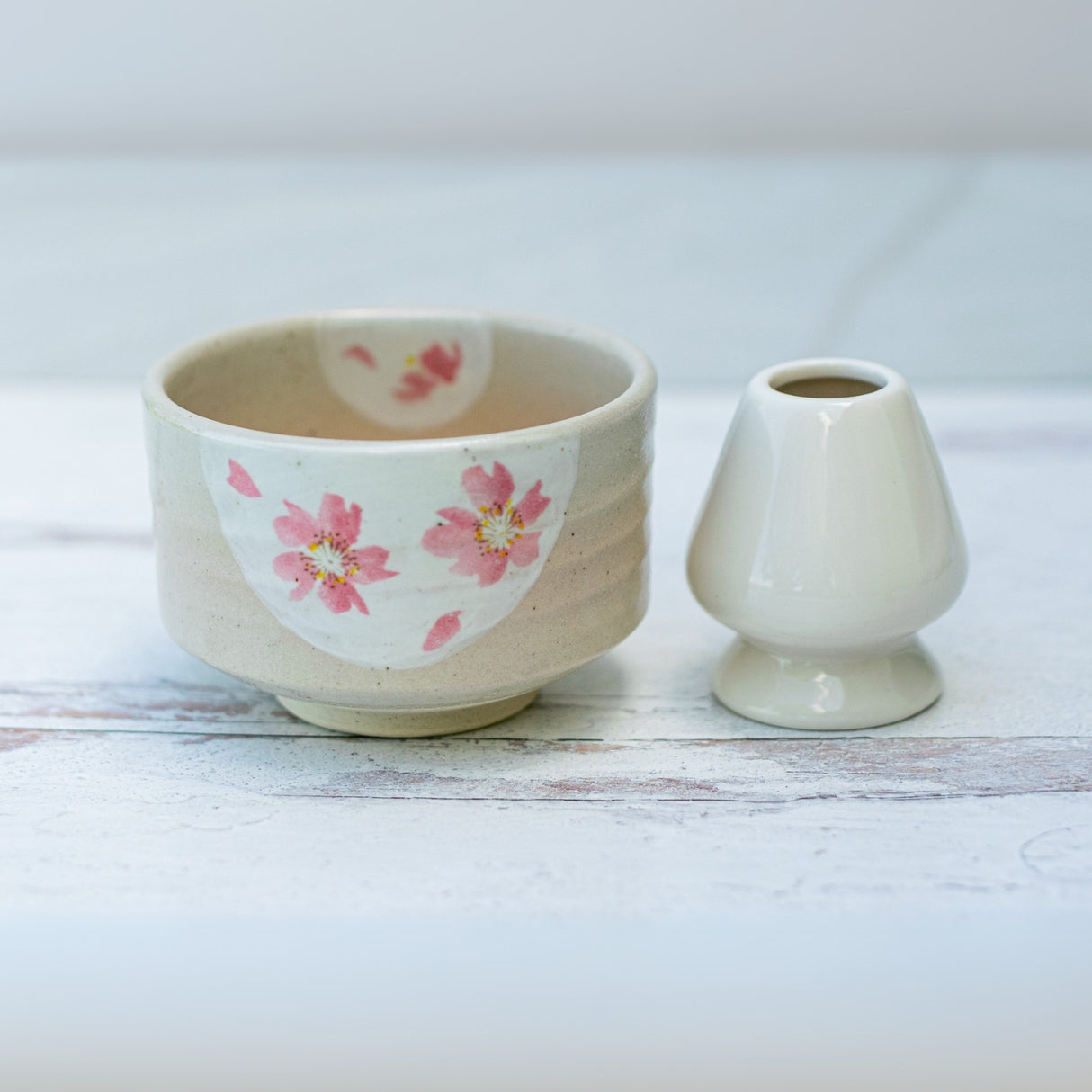 Beige with Pink Flowers Matcha Bowl, Bamboo Matcha Whisk and Whisk Holder Set