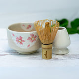 Beige with Pink Flowers Matcha Bowl, Bamboo Matcha Whisk and Whisk Holder Set