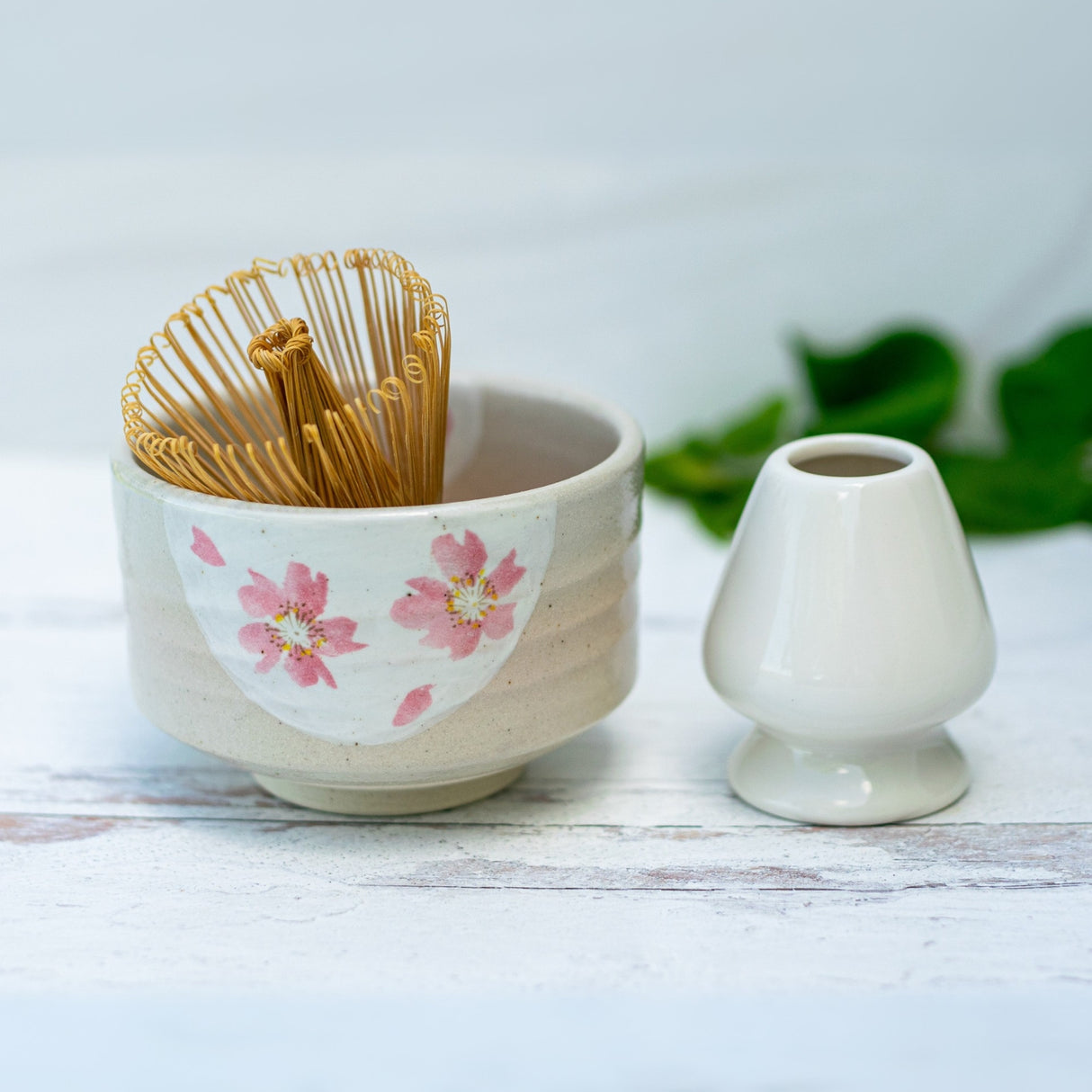 Beige with Pink Flowers Matcha Bowl, Bamboo Matcha Whisk and Whisk Holder Set