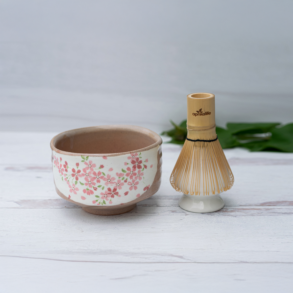 Big Sakura Flowers Matcha Bowl, Bamboo Matcha Whisk and Whisk Holder Set
