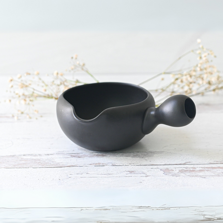 Black Flowers Ceramic Matcha Bowl with Spout