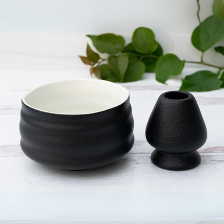 Black and White Ceramic Matcha Bowl and Optional Set