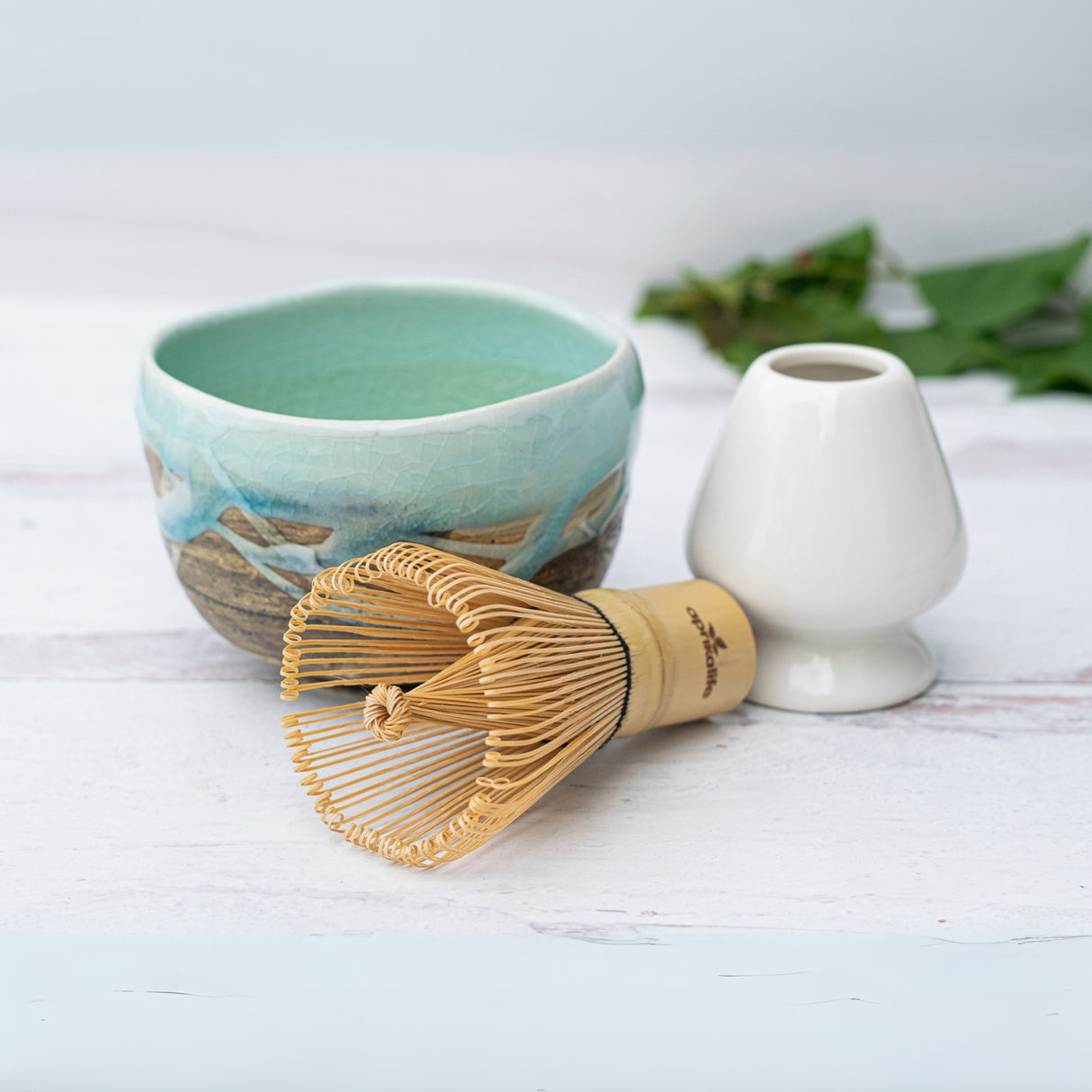 Japanese Matcha Tea Bowl Blue & Brown Glaze, Bamboo Matcha Whisk and Whisk Holder Set