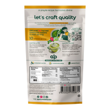 Back of a Ceremonial Grade Matcha Latte Powder Mix with Natural Vanilla Flavor package showing product info, nutrition facts, ceremonial-grade matcha details, and simple preparation steps.