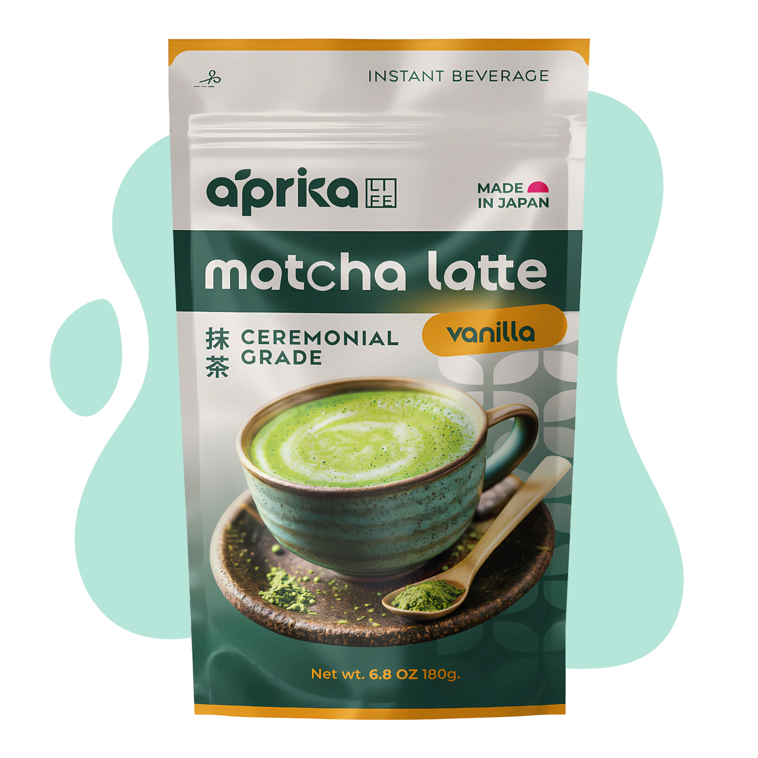 A package of Ceremonial Grade Matcha Latte Powder Mix with Natural Vanilla Flavor, featuring a vibrant green latte in a ceramic cup on the front.