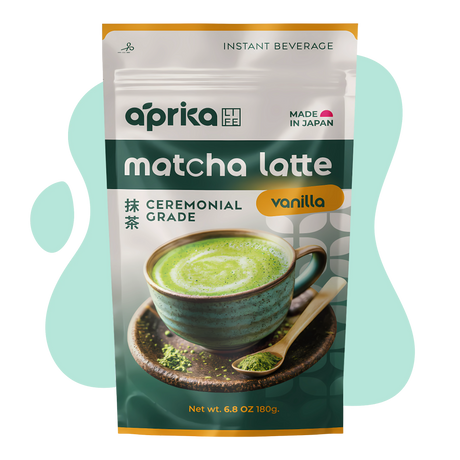 A package of Ceremonial Grade Matcha Latte Powder Mix with Natural Vanilla Flavor, featuring a vibrant green latte in a ceramic cup on the front.