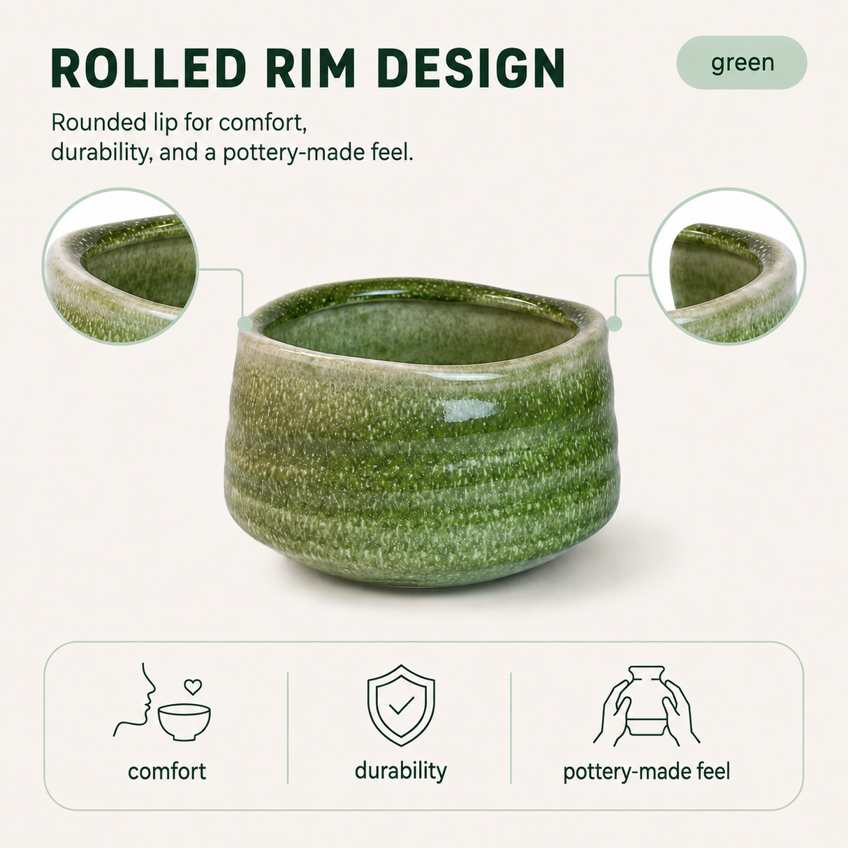 Green Ceramic Matcha Bowl 17 oz with Rolled Rim, Matcha Chawan for Whisking and Drinking, Tea Ceremony Bowl