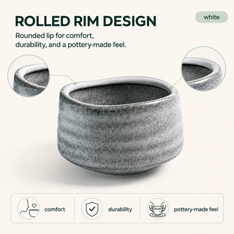 White Ceramic Matcha Bowl 17 oz with Rolled Rim, Matcha Chawan for Whisking and Drinking, Tea Ceremony Bowl