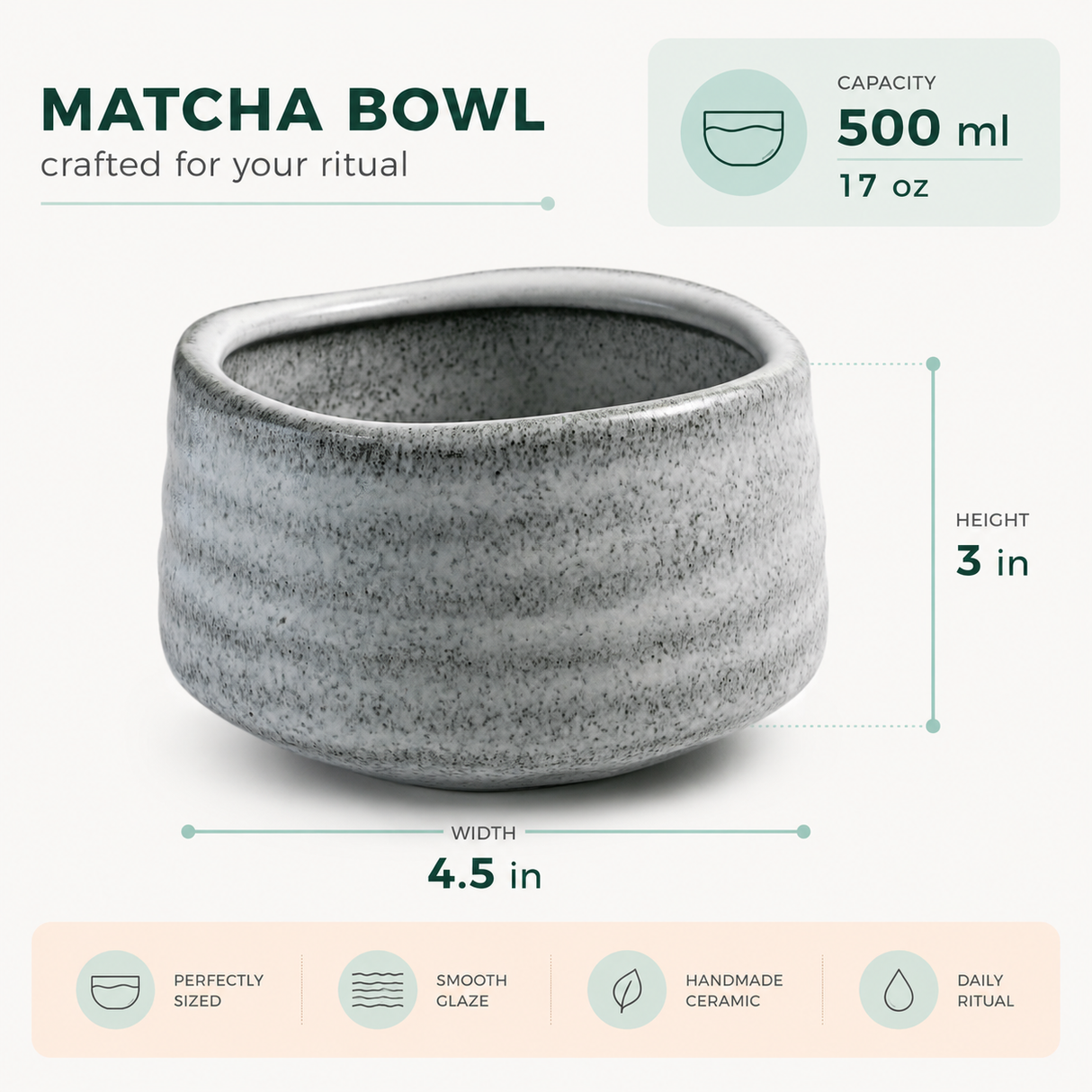 White Ceramic Matcha Bowl 17 oz with Rolled Rim, Matcha Chawan for Whisking and Drinking, Tea Ceremony Bowl
