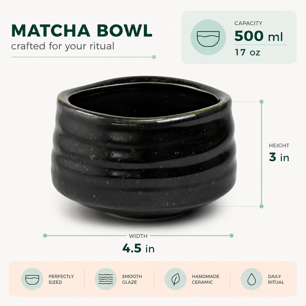 Black Ceramic Matcha Bowl 17 oz with Rolled Rim, Matcha Chawan for Whisking and Drinking, Tea Ceremony Bowl
