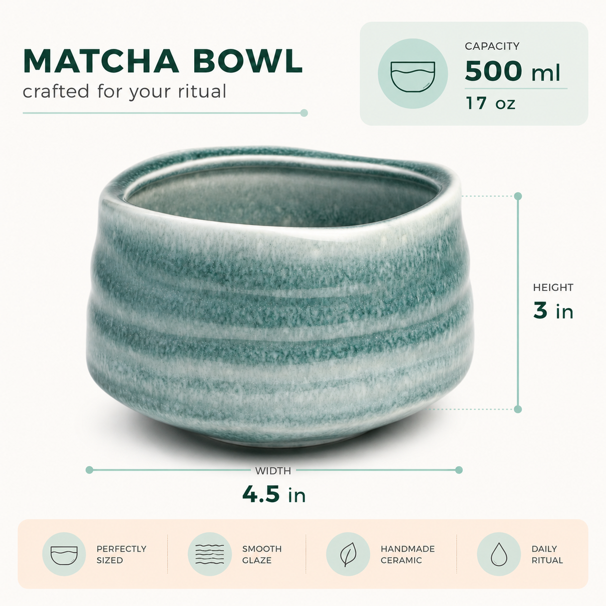 Seafoam Ceramic Matcha Bowl 17 oz with Rolled Rim, Matcha Chawan for Whisking and Drinking, Tea Ceremony Bowl