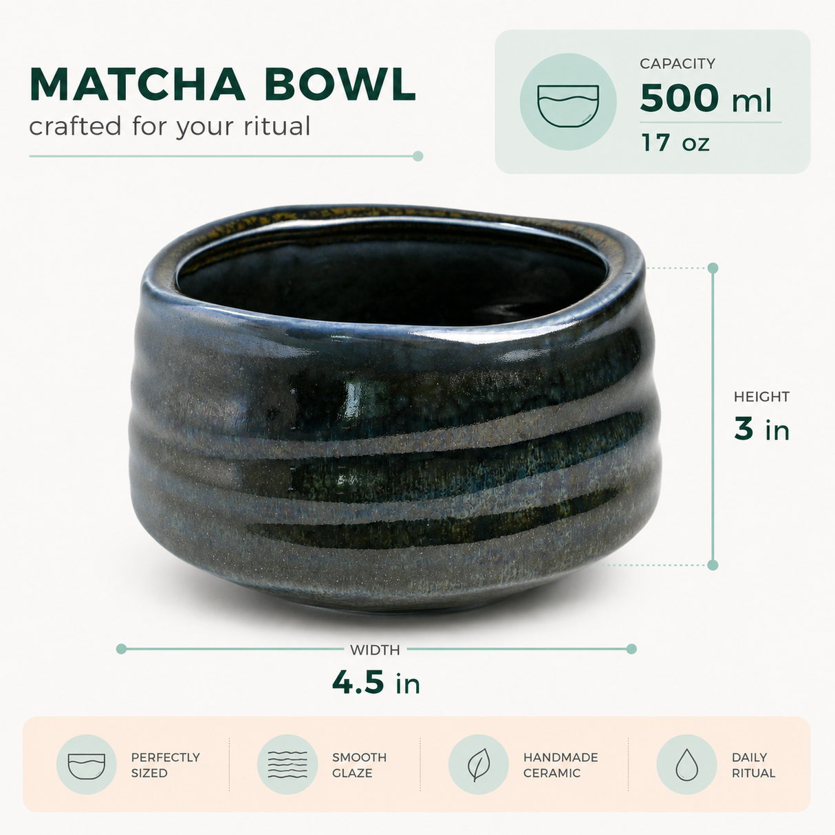 Deep Blue Ceramic Matcha Bowl 17 oz with Rolled Rim, Matcha Chawan for Whisking and Drinking, Tea Ceremony Bowl