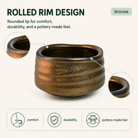 Bronze Ceramic Matcha Bowl 17 oz with Rolled Rim, Matcha Chawan for Whisking and Drinking, Tea Ceremony Bowl