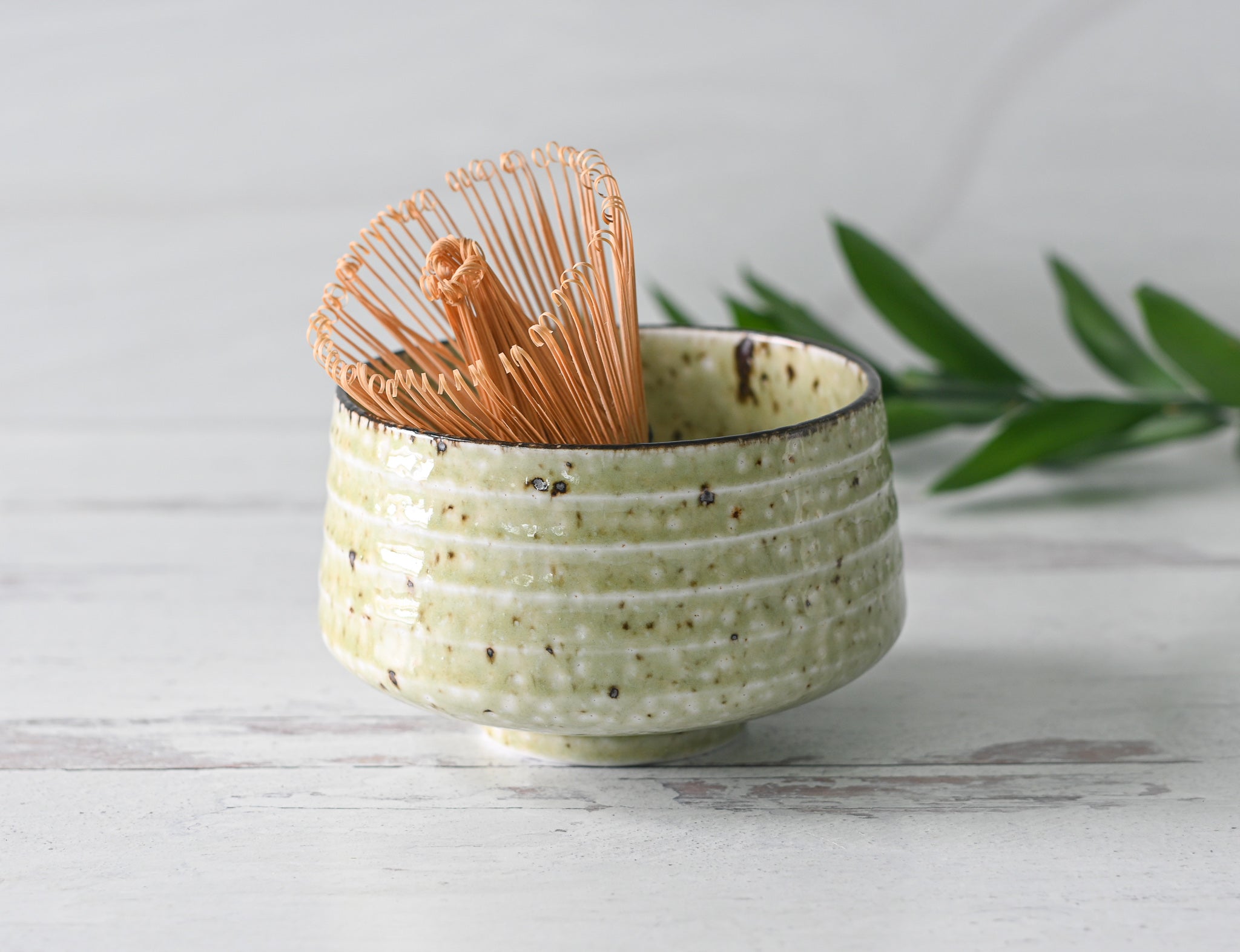 Speckled Ceramic Matcha Bowl With Spout, Pink and White, Matcha