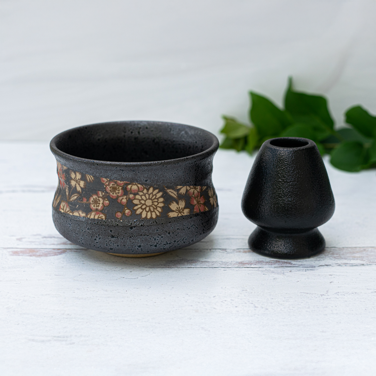 Black with Flowers Matcha Bowl