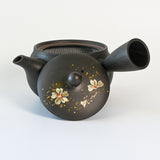 Handmade Dark Brown Floral Kyusu Teapot: Japanese Loose Leaf Tea Strainer (13 fl oz/380ml)