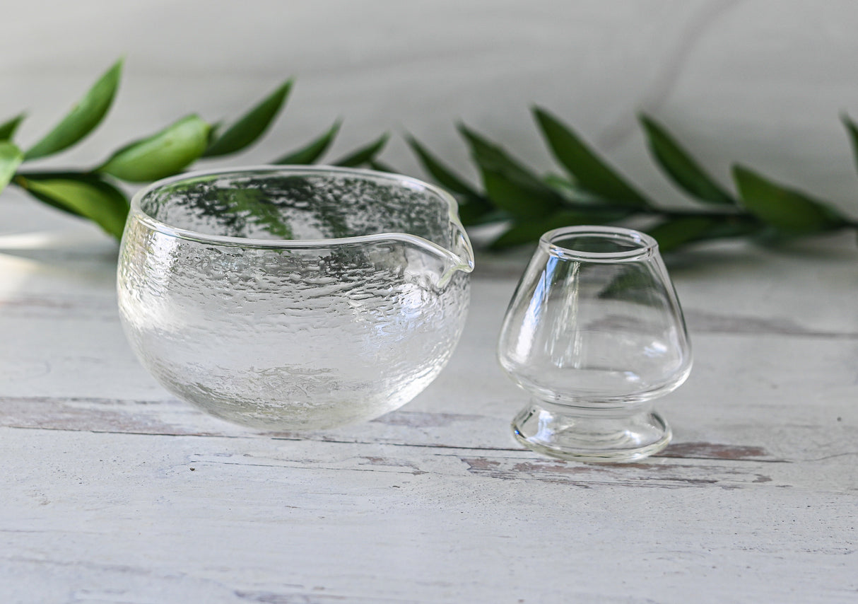 Textured Spouted Glass Matcha Bowl Pattern 1, Bamboo Matcha Whisk and Whisk Holder Set