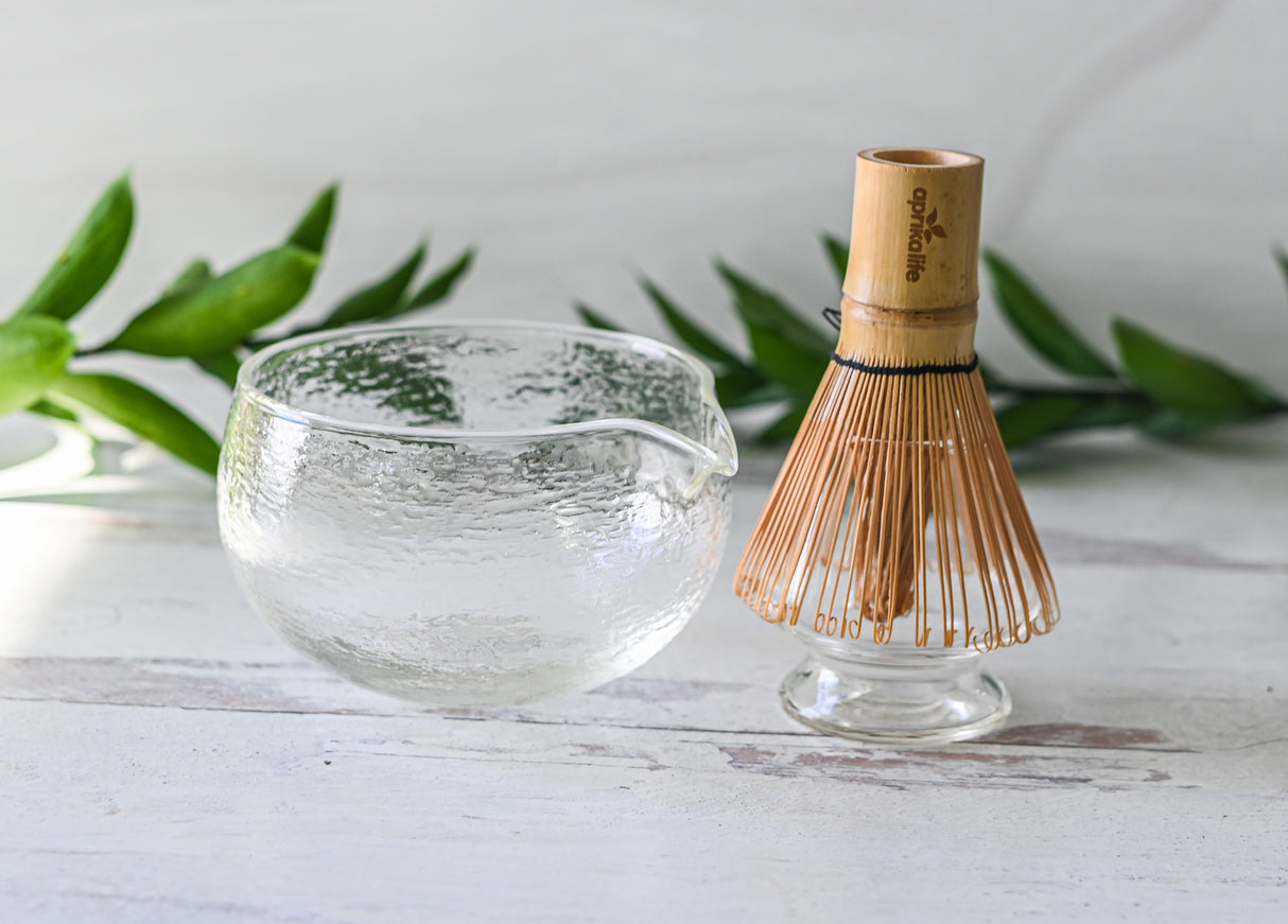 Textured Spouted Glass Matcha Bowl Pattern 1, Bamboo Matcha Whisk and Whisk Holder Set