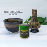 Dark Brown Ceramic Matcha Bowl, Bamboo Matcha Whisk, Whisk Holder and Organic Japanese Matcha Set