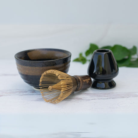 Dark Brown Ceramic Matcha Bowl, Bamboo Matcha Whisk and Whisk Holder Set