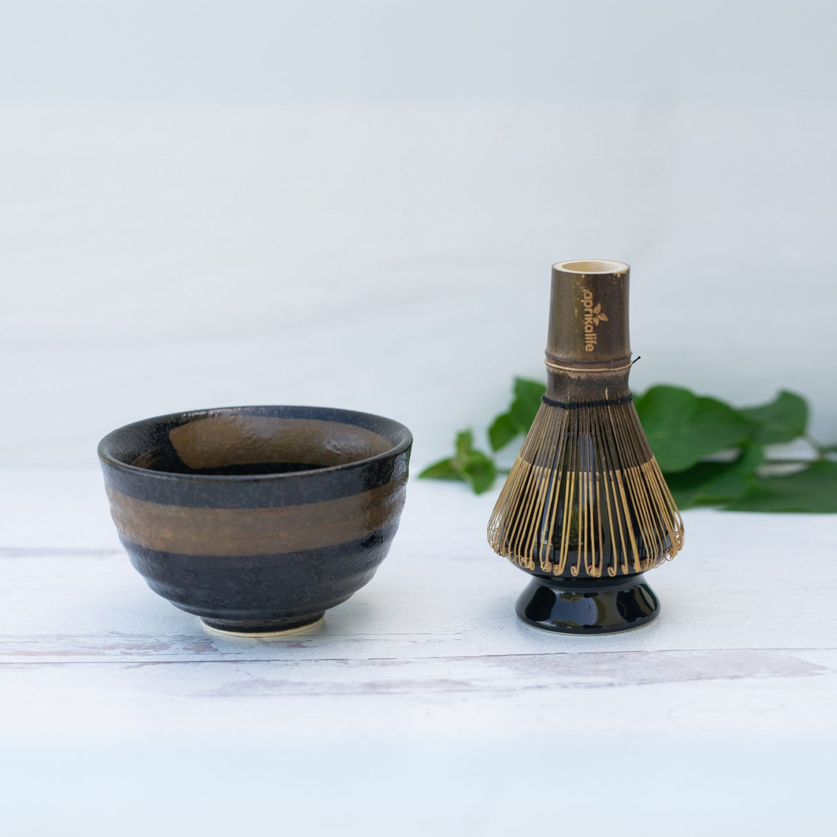 Dark Brown Ceramic Matcha Bowl, Bamboo Matcha Whisk, Whisk Holder and Organic Japanese Matcha Set