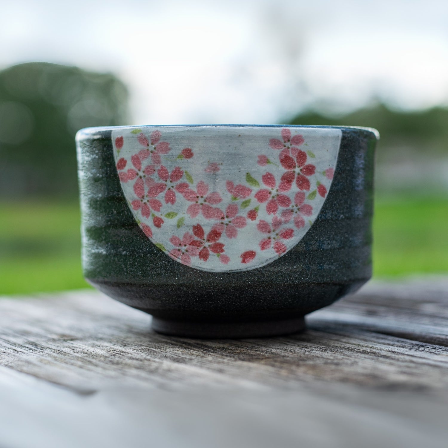 Dark Grey Flowers Ceramic Matcha Bowl, Bamboo Matcha Whisk and
