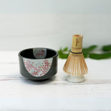 Dark Grey Flowers Ceramic Matcha Bowl and Optional Set