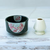 Dark Grey Flowers Ceramic Matcha Bowl, Bamboo Matcha Whisk and Whisk Holder Set