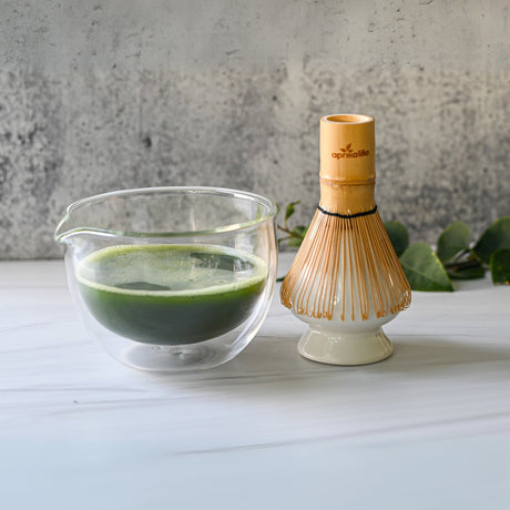 Double Sided (Double Wall) Glass Matcha Bowl with Spout and Bamboo Whisk Set includes Ceramic Whisk Holder