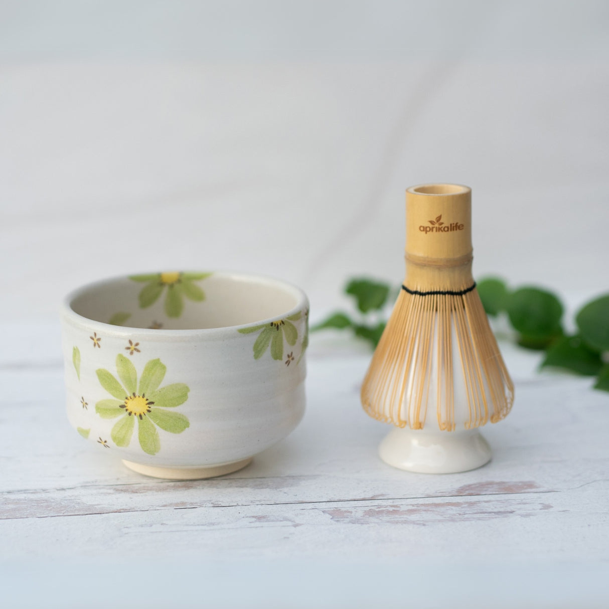 Green Flowers Ceramic Matcha Bowl, Bamboo Matcha Whisk, Whisk Holder and Organic Japanese Matcha Set