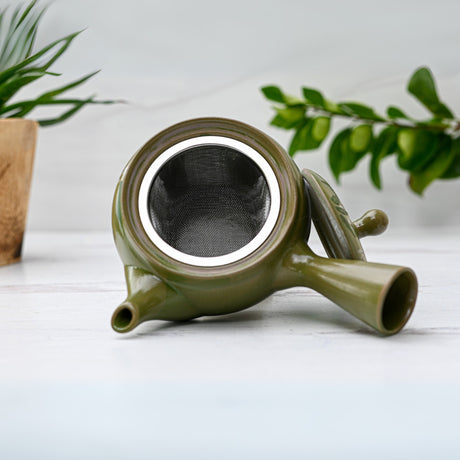 The Green Kuysu with Flowers, a Japanese handmade teapot with a premium tea strainer (14 fl oz/420ml), reclines on its side beside lush green plants, reflecting Japanese tradition.