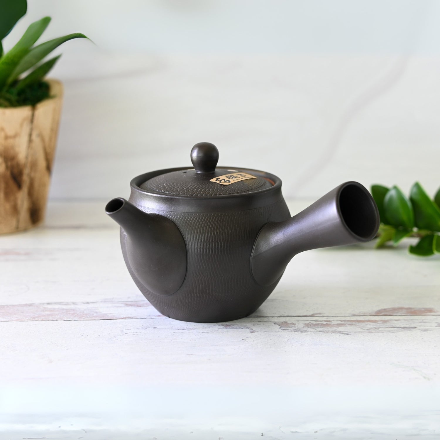 The Handcrafted Japanese Kyusu Teapot with Filters (350 ml), featuring a textured black finish and side handle, sits on a light surface beside a small potted plant.
