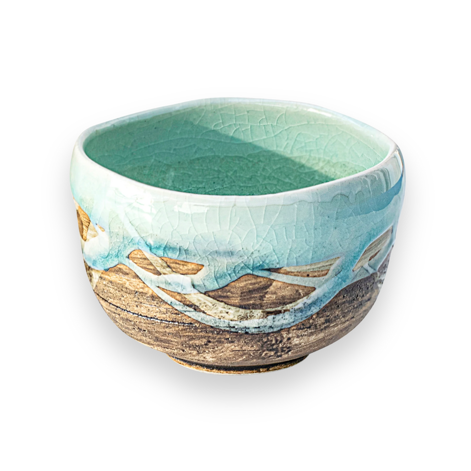 Japanese Matcha Tea Bowl Blue & Brown Glaze, featuring a turquoise-glazed interior and textured brown exterior in the Minoyaki Pottery tradition, displayed on a black background.