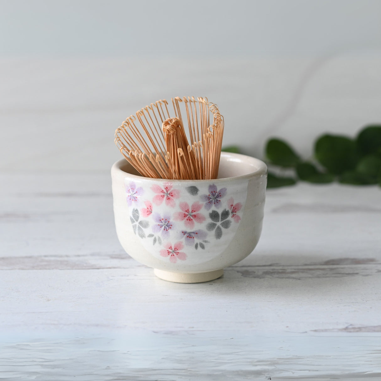 Kohiki Pink Sakura Ceramic Matcha Bowl, Bamboo Matcha Whisk and Whisk Holder Set