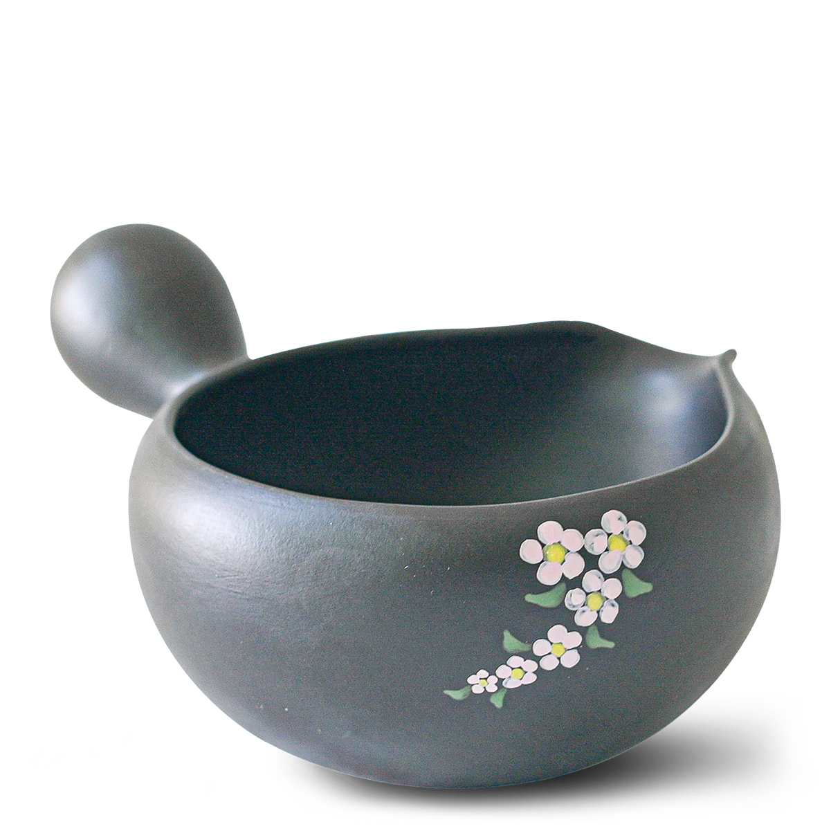 Black Flowers Ceramic Matcha Bowl with Spout, Bamboo Matcha Whisk and Whisk Holder Set