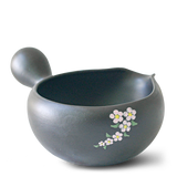 Black Flowers Ceramic Matcha Bowl with Spout, Bamboo Matcha Whisk and Whisk Holder Set