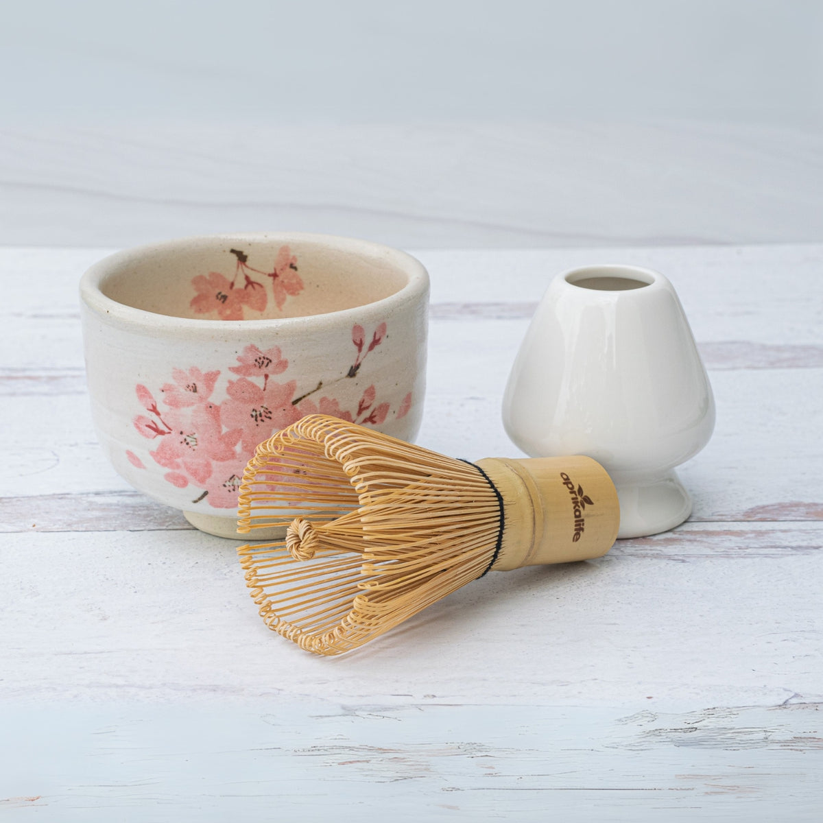 Maruyoshi Sakura Clay Matcha Bowl Bamboo Matcha Whisk Whisk Holder Set