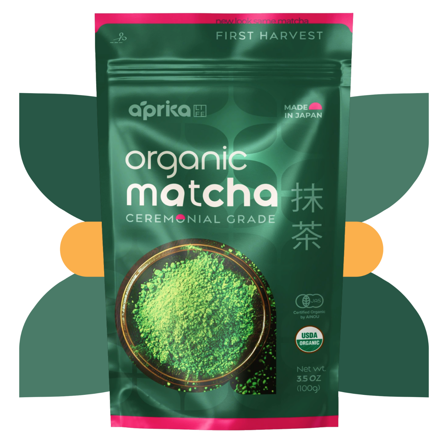 Aprika's Organic Japanese Ceremonial Grade Matcha Green Tea Powder is a vibrant green, USDA-certified organic product made in Japan, ensuring an authentic and pure experience.