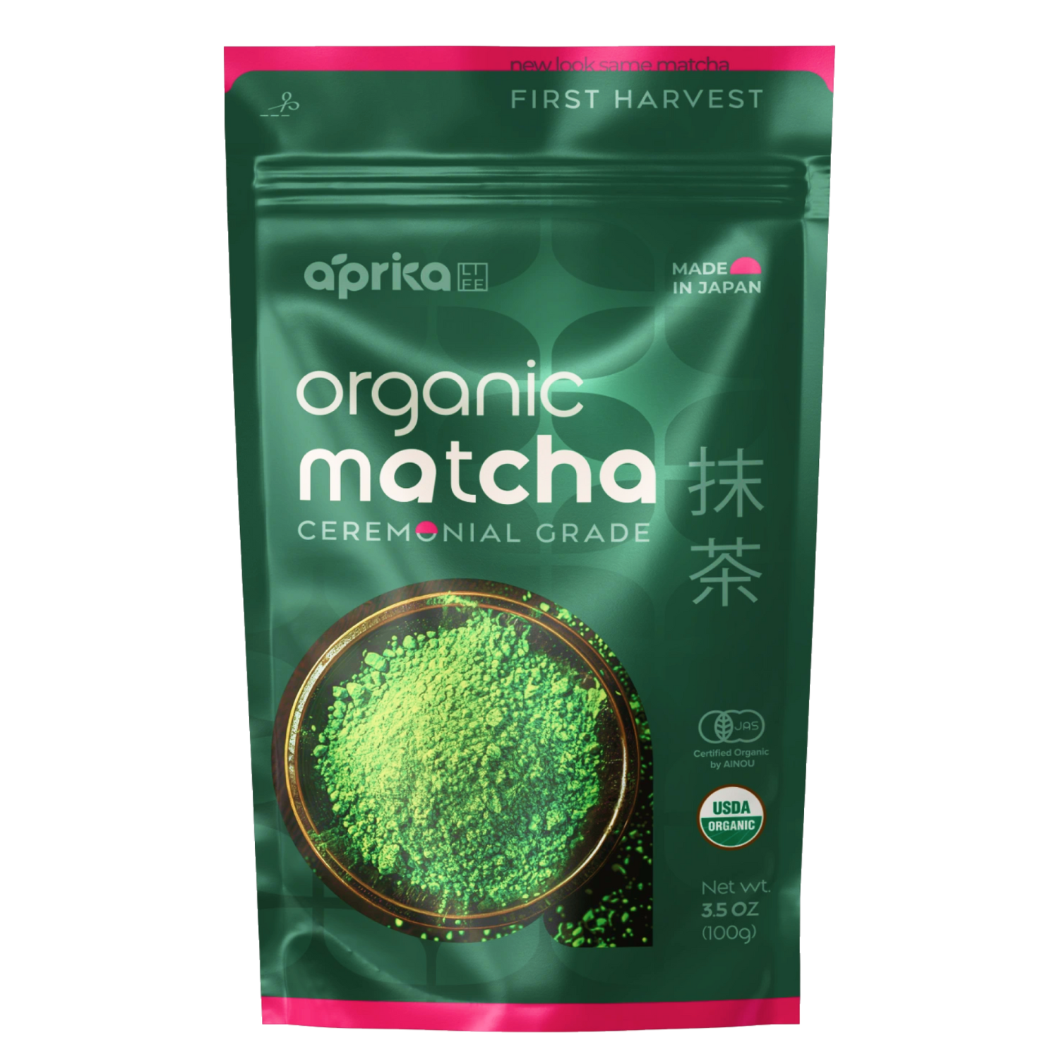 Organic Japanese Ceremonial Grade Matcha Green Tea Powder comes in a green resealable pouch with a bowl of matcha depicted on the front.