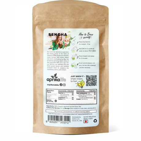 Aprika Life's Sencha Loose Leaf Tea features brown packaging highlighting Japanese Sencha, rich in antioxidants. It includes brewing instructions and nutritional info on the back.