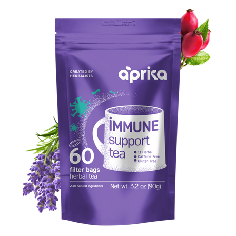 Purple package of Immune System Support Herbal Tea with lavender and rose hips, offering natural immune support; includes 60 bags.