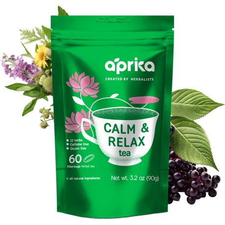 The "Calm and Relax Herbal Tea, 60 Bags" package, infused with natural herbs for stress relief, features a cup graphic adorned with floral and herbal designs.