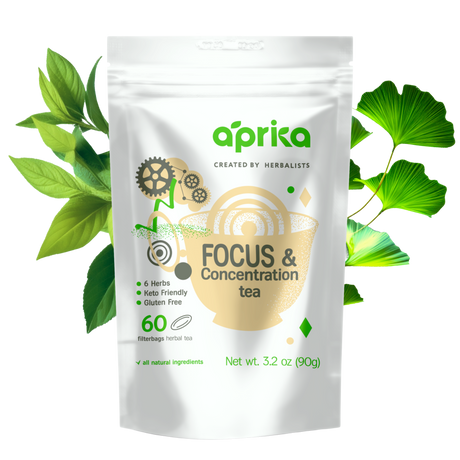A bag of Focus & Concentration Herbal Tea (60 bags) is set against a backdrop of green leaves, promising clarity with every sip.