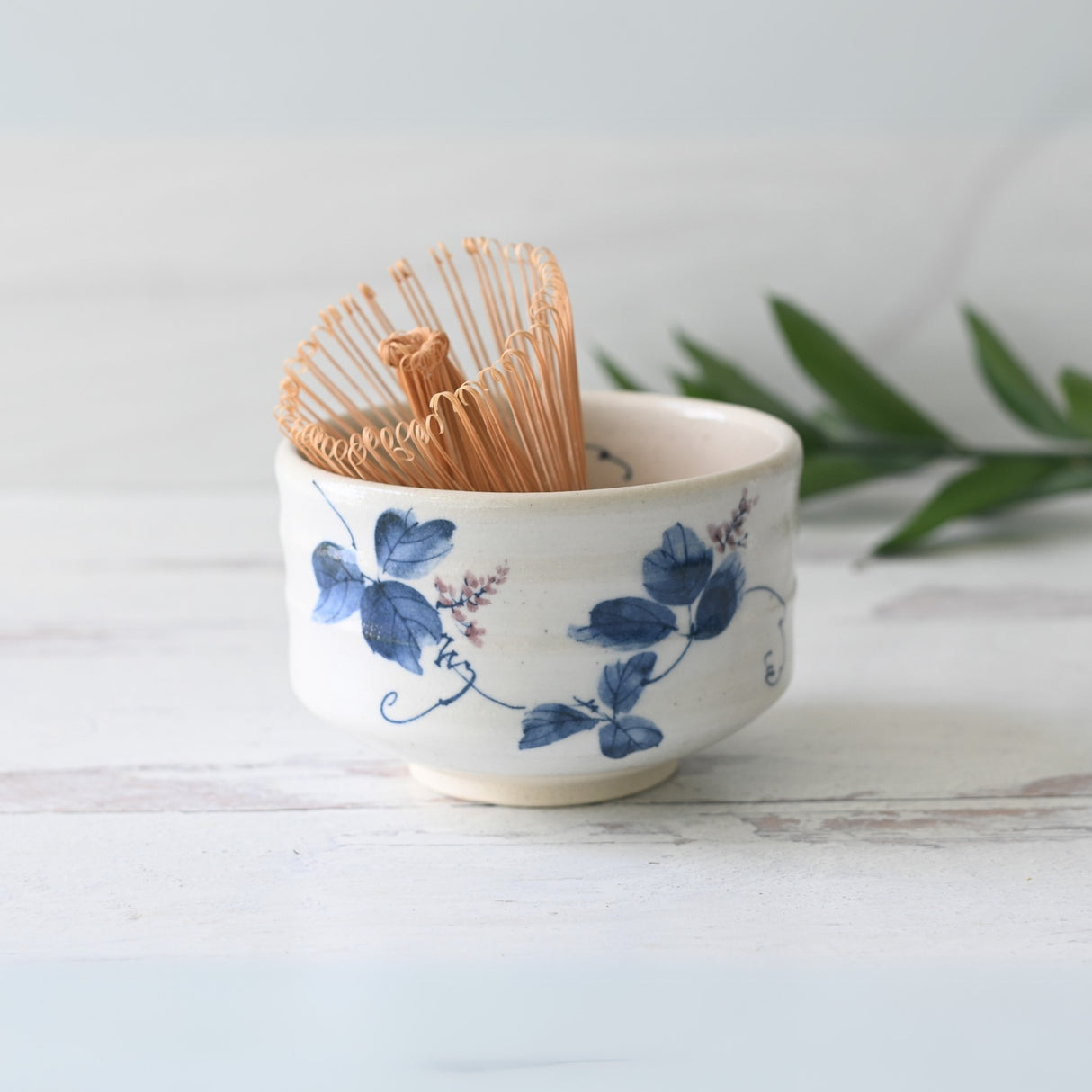 White Clay Kudzu Flowers Matcha Bowl