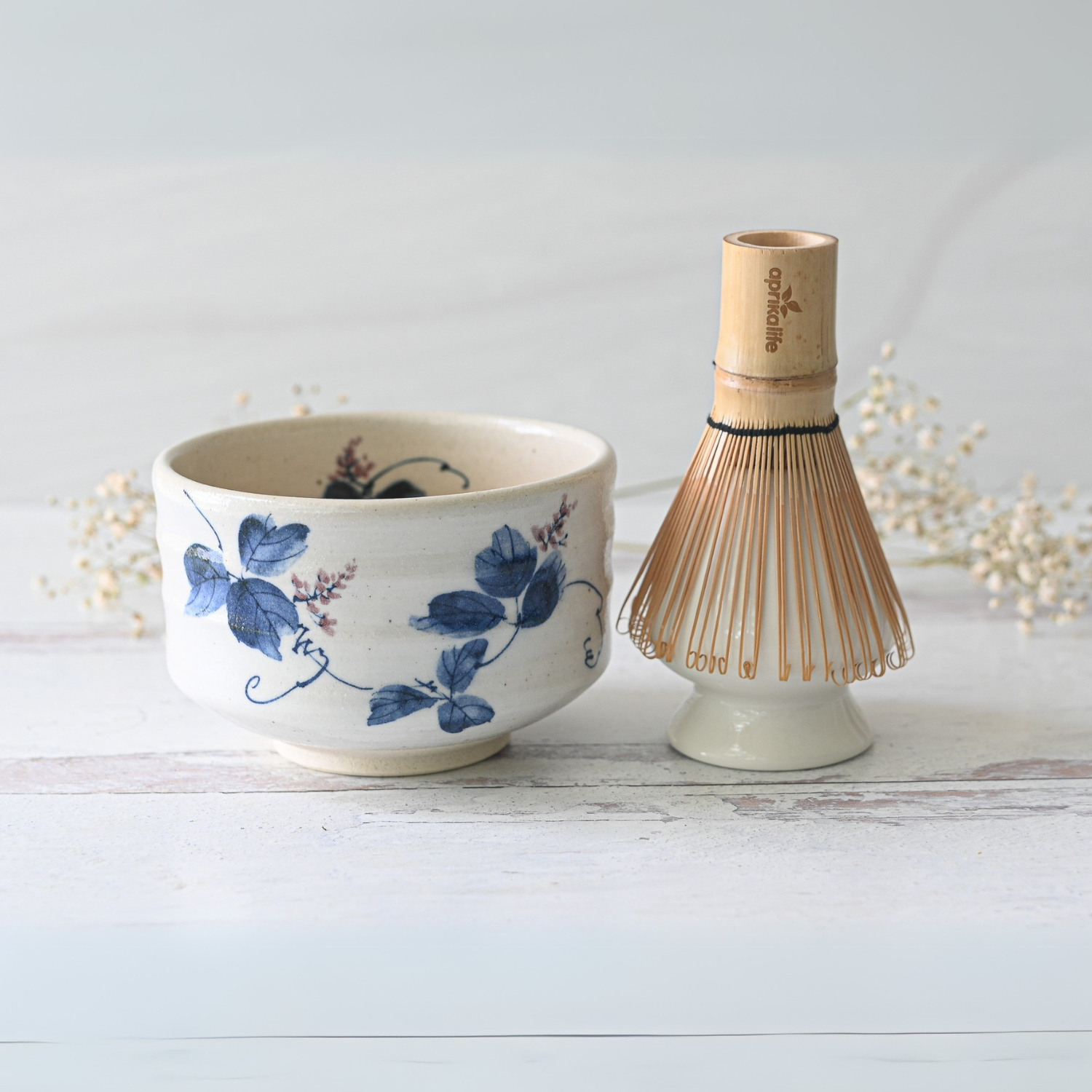 White Clay Kudzu Flowers Matcha Bowl, Bamboo Matcha Whisk and Whisk Holder Set