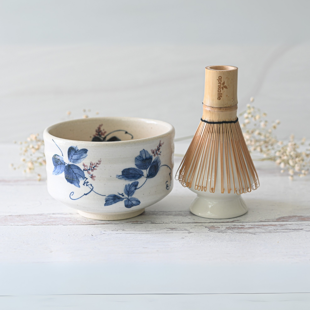 White Clay Kudzu Flowers Matcha Bowl