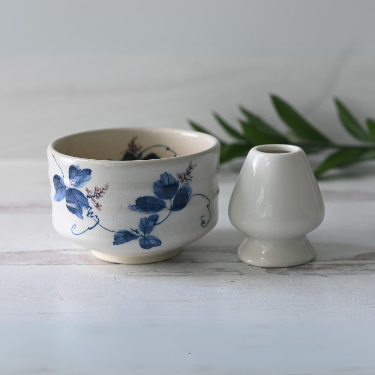 White Clay Kudzu Flowers Matcha Bowl